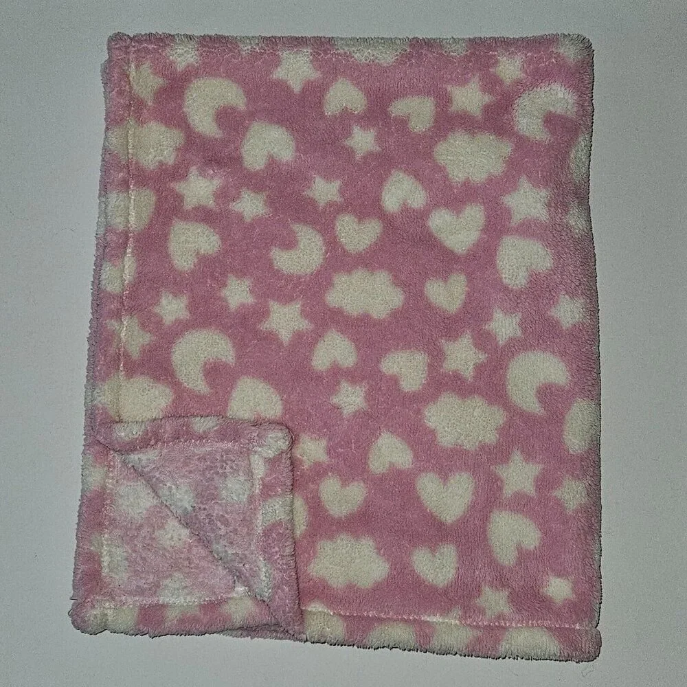 Baby Gear Pink White Fleece Baby Blanket Hearts Stars Moons Clouds 30